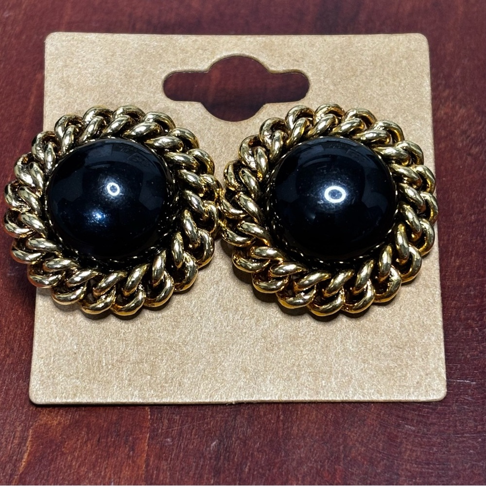 Vintage Joan Rivers Gold Tone and Black Glass Pierced Earrings